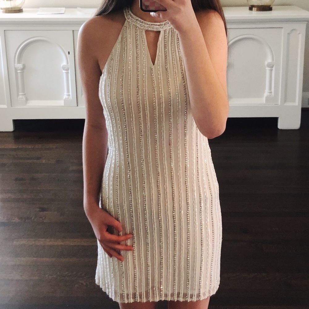 Sleeveless Beaded Halter Mini Dress in Ivory